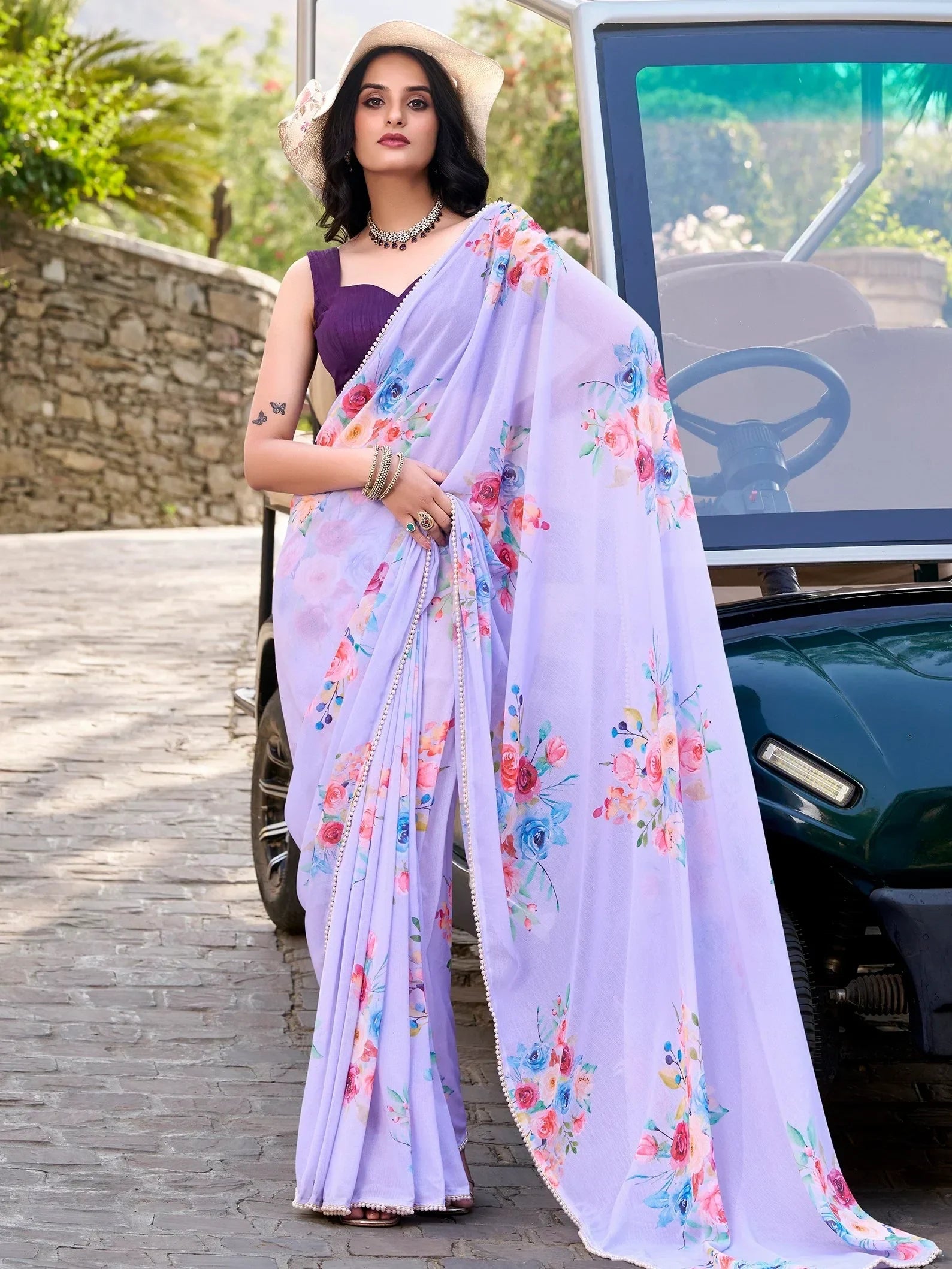 Awesome Lavender Floral Printed Crepe Casual Wear Saree