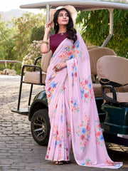 Stunning Light Purple Floral Printed Crepe Saree With Blouse