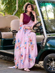 Stunning Light Purple Floral Printed Crepe Saree With Blouse