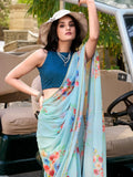 Glamorous Sky-Blue Floral Printed Crepe Office Wear Saree With Blouse