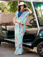 Glamorous Sky-Blue Floral Printed Crepe Office Wear Saree With Blouse