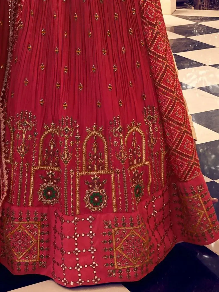 Stunning Pink Thread Embroidered  Silk Wedding Wear Lehenga Choli