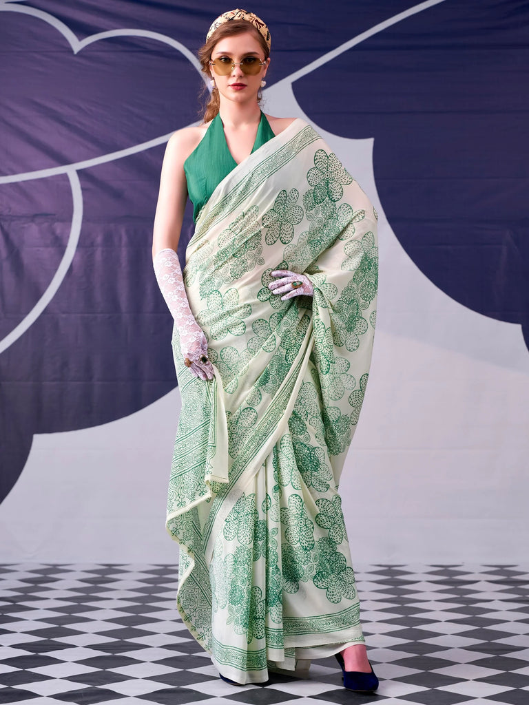 Rich Pista Green Floral Printed Satin Mehendi Wear Saree With Blouse
