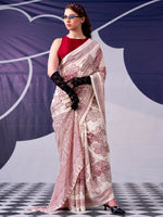 Charming Cream Printed Satin Marriage Wear Saree With Blouse