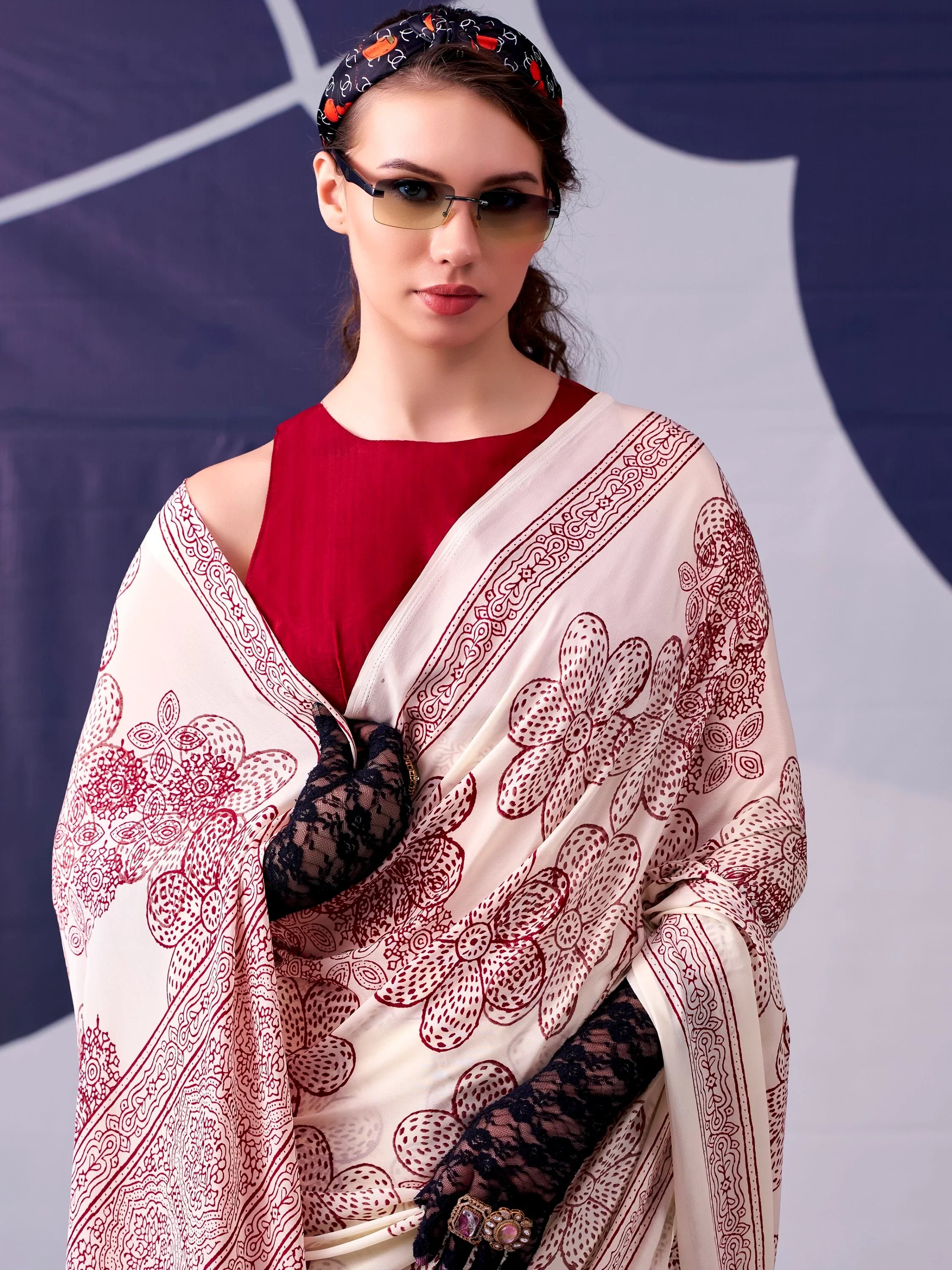 Charming Cream Printed Satin Marriage Wear Saree With Blouse