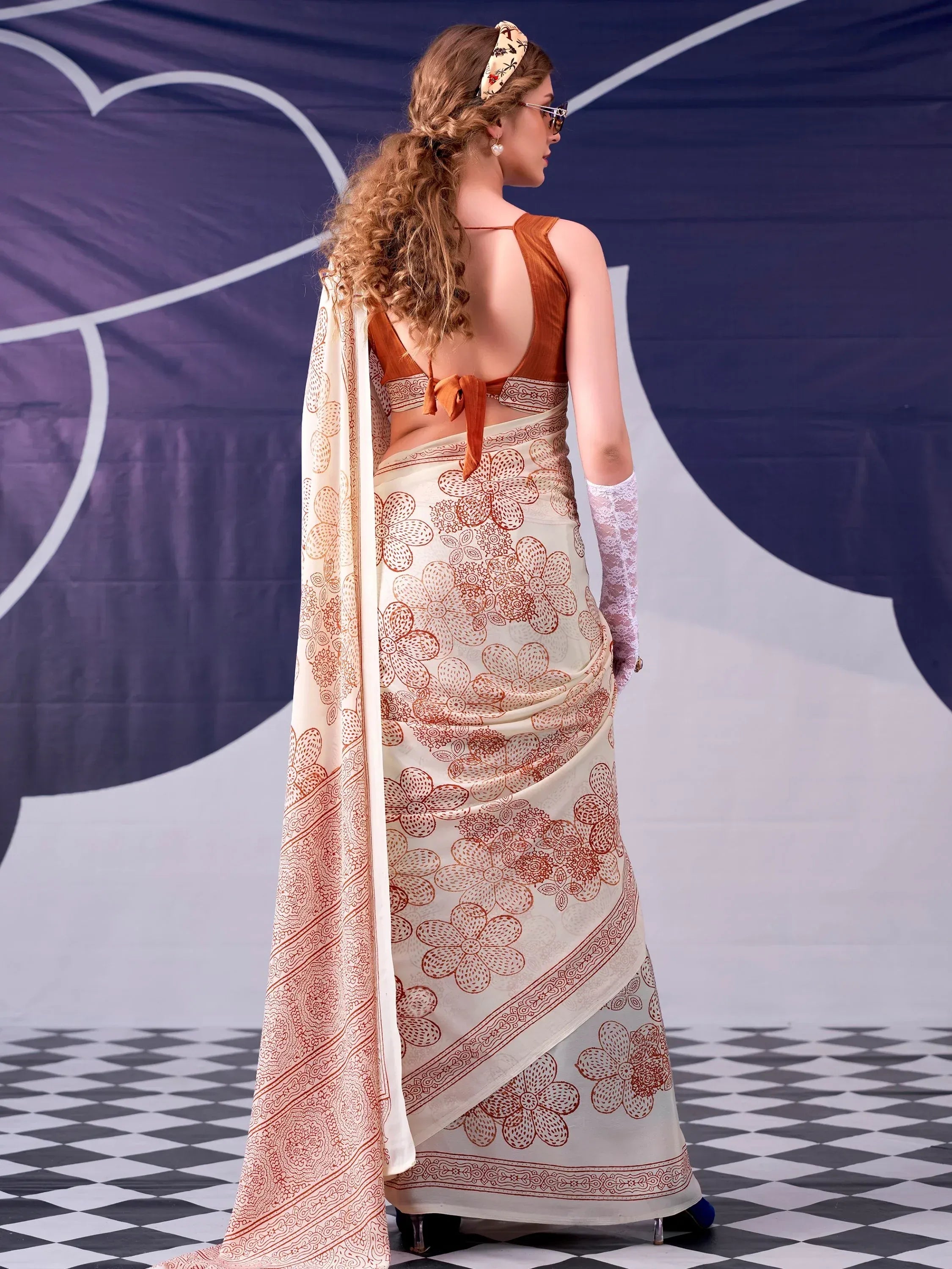 Attractive Peach Floral Printed Satin Function Wear Saree With Blouse