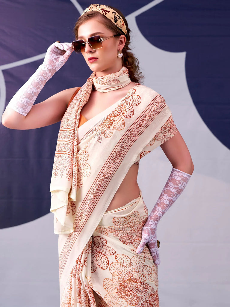 Attractive Peach Floral Printed Satin Function Wear Saree With Blouse