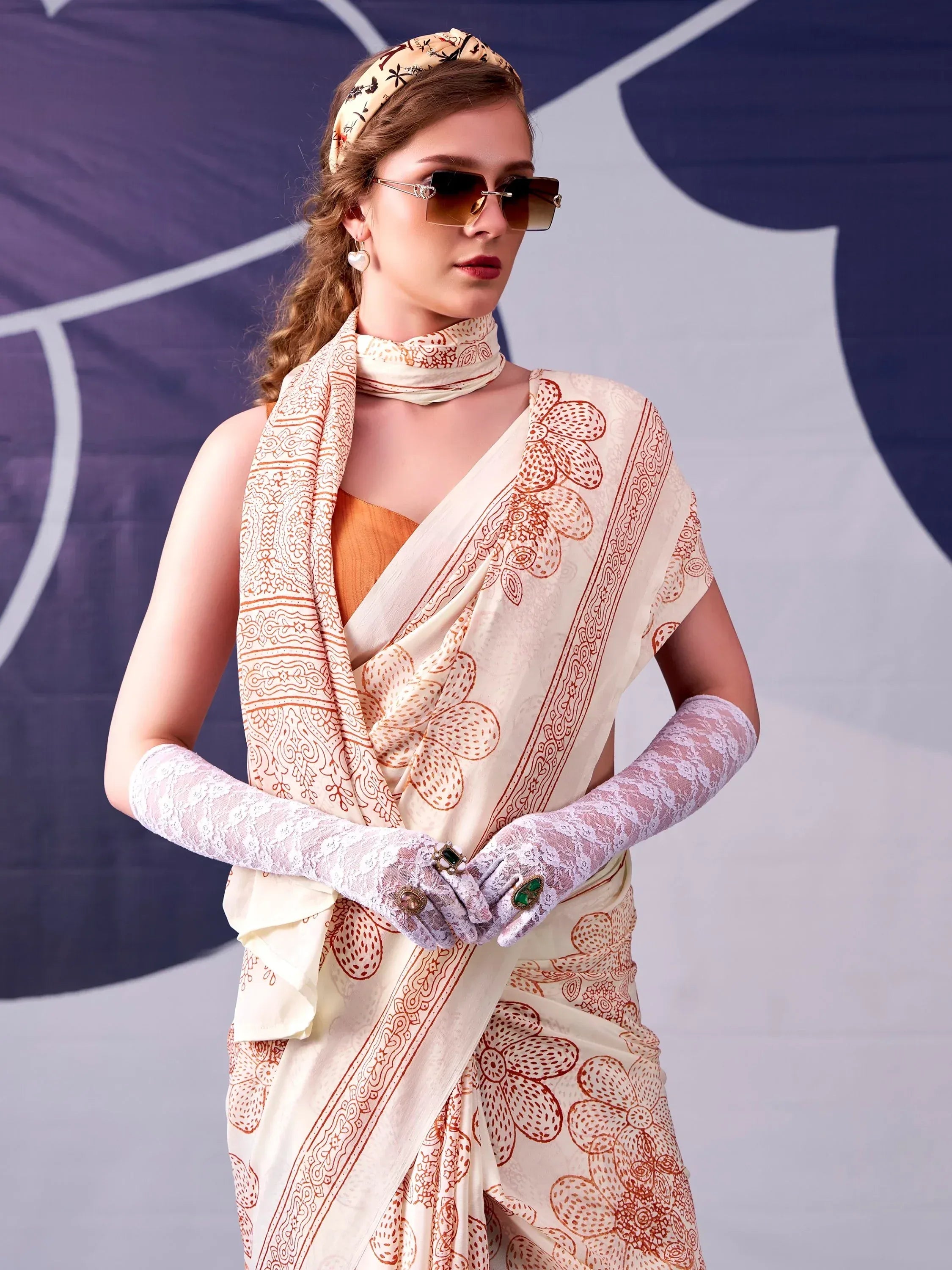 Attractive Peach Floral Printed Satin Function Wear Saree With Blouse