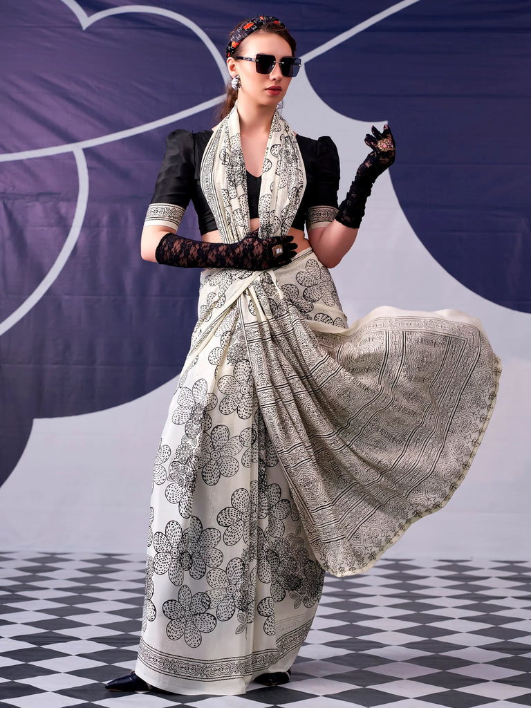 Delightful Black Digital Printed Satin Evening Wear Saree With Blouse