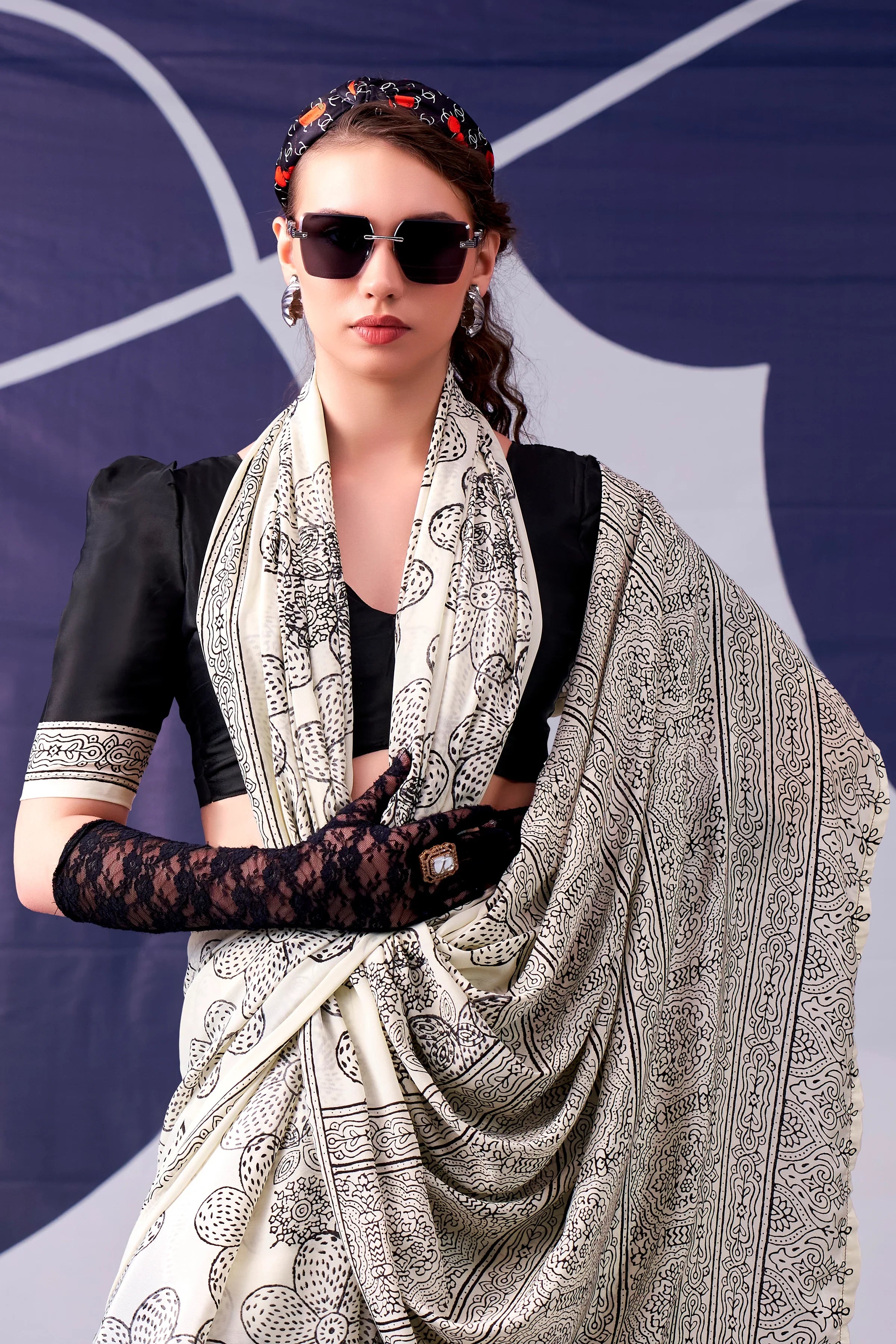 Delightful Black Digital Printed Satin Evening Wear Saree With Blouse