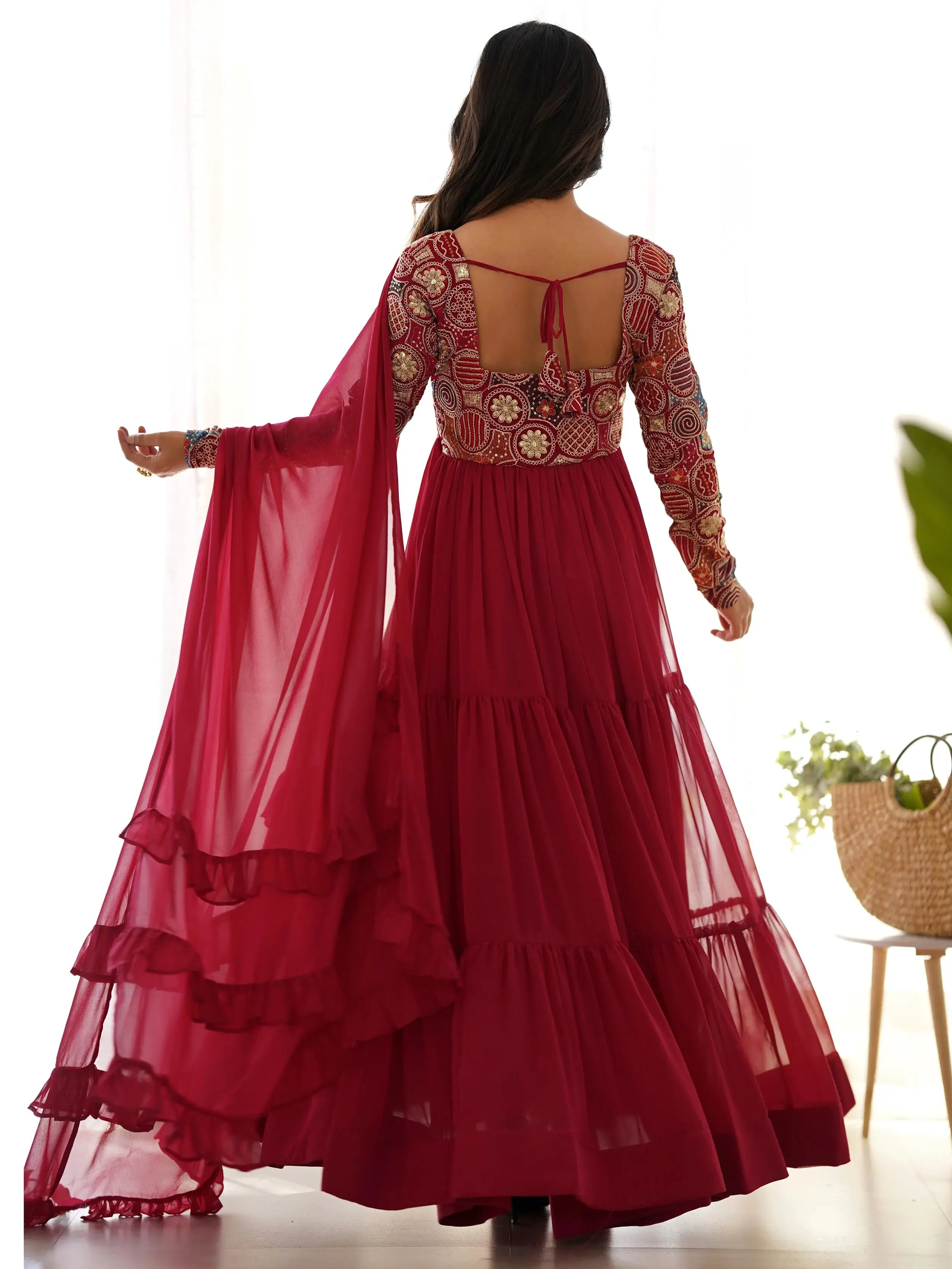 Fabulous Maroon Embroidered Georgette Festive Wear Gown With Dupatta
