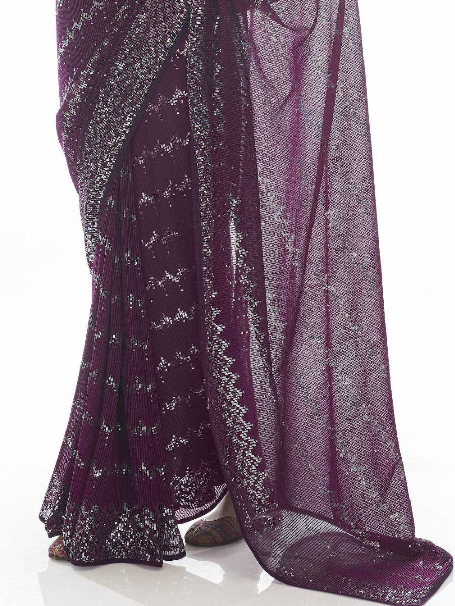 Purple sequin saree with sheer pallu, ethnic Indian wear for festive occasions
