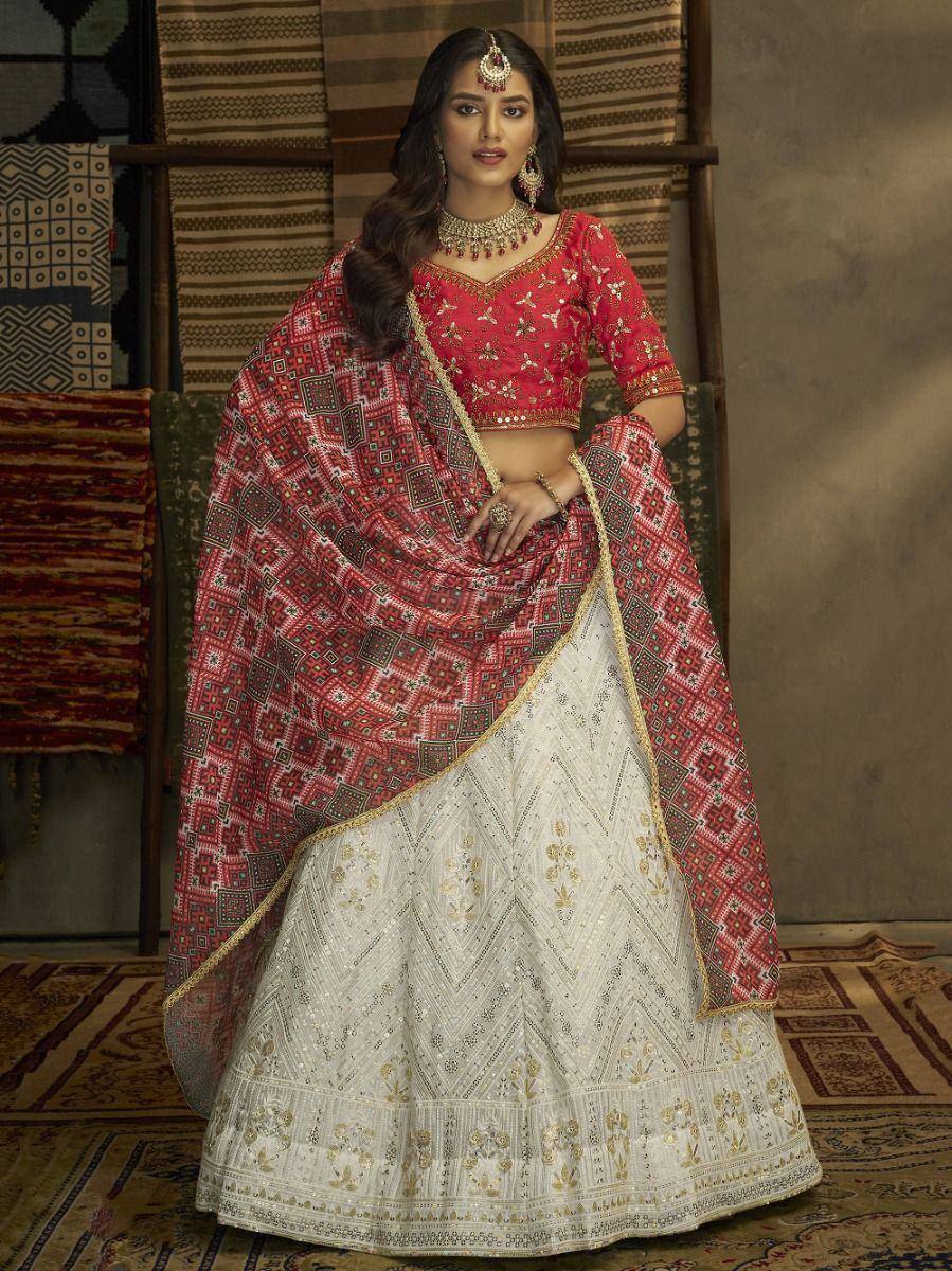 Red and white embroidered lehenga choli with geometric dupatta, Indian ethnic wear for weddings