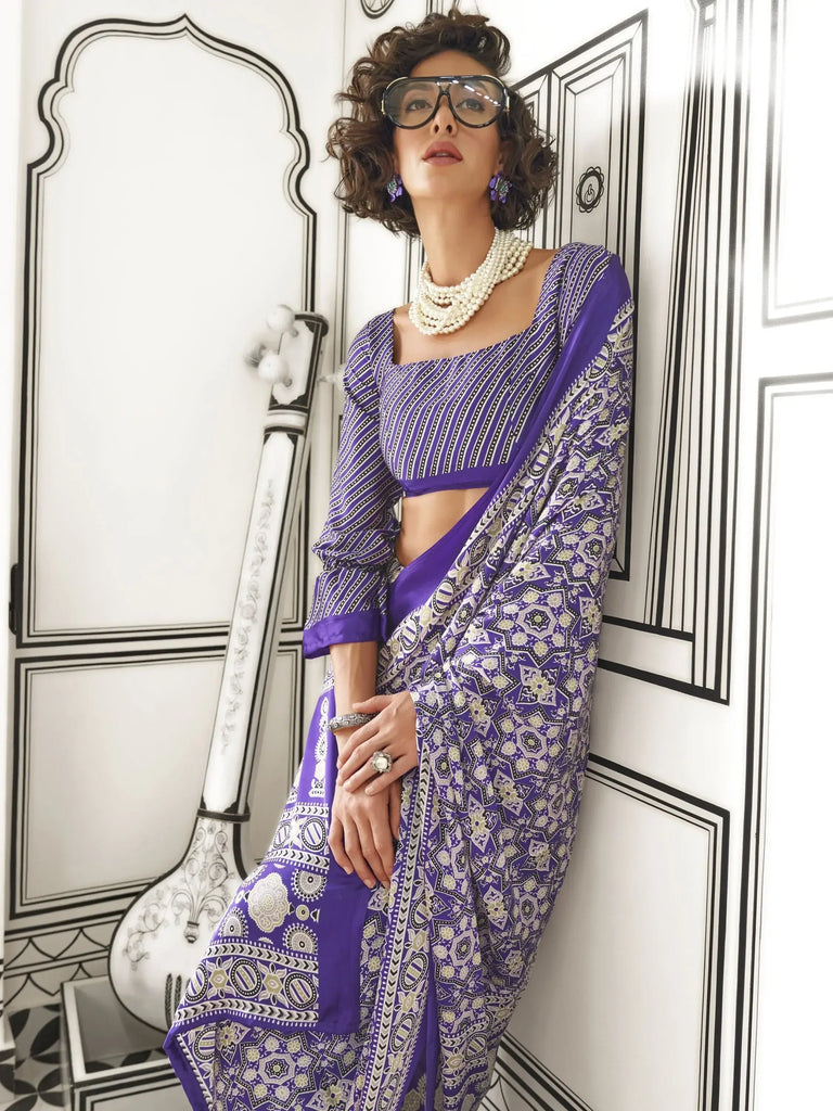 Attractive Violet Printed Satin Wedding Wear Saree With Blouse