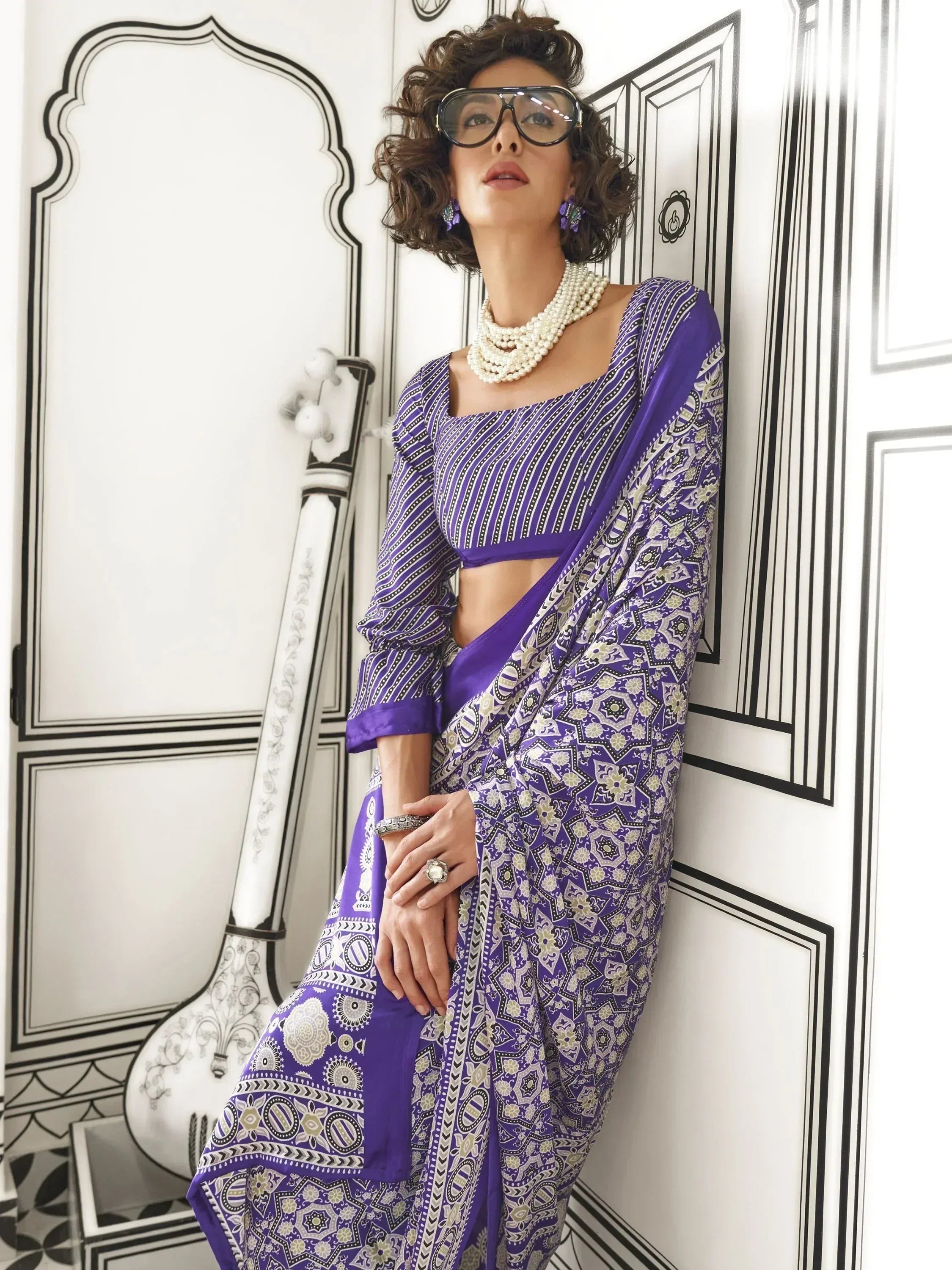 Purple printed saree with blouse, ethnic wear for women, stylish Indian fashion