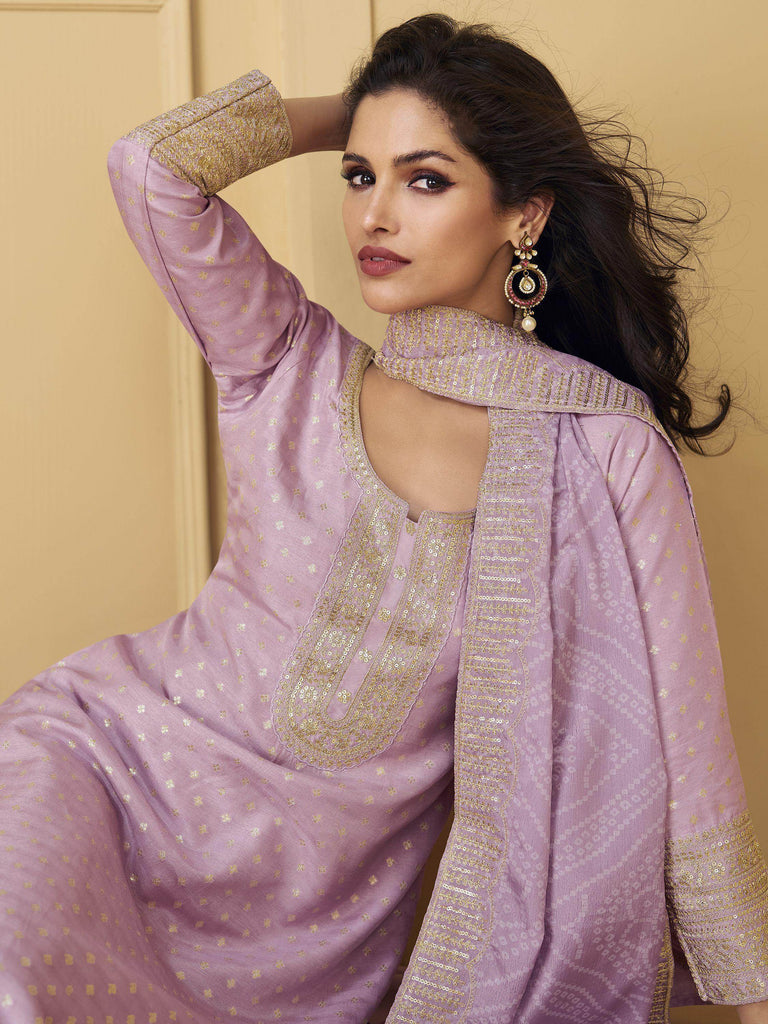 Dazzling Lilac Color Sequins Jacquard Event Wear Pant Suit With Dupatta