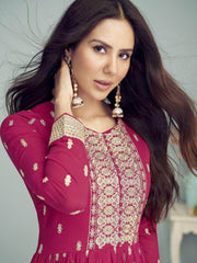 Charming Hot Pink Embroidered Georgette Party Wear Long Anarkali Gown