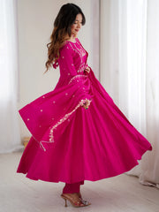 Glowing Pink Beads Work Chanderi Silk Festival Wear Anarkali Suit