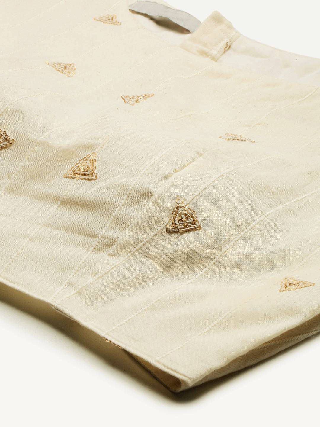Cream ethnic top with gold triangle embroidery and quilted texture, ideal for Indian wear