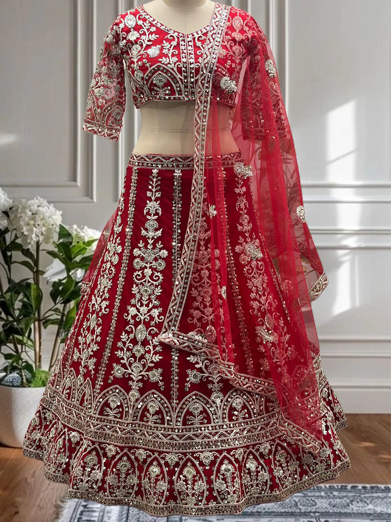 Outstanding Red Net Embroidered Wedding Wear Lehenga Choli