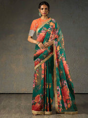 Sabyasachi Green Floral Organza Wedding Wear Saree With Blouse