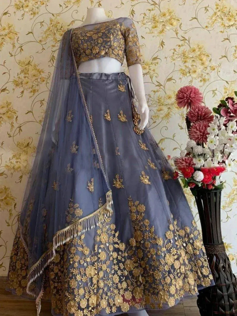 Grey lehenga choli with gold floral embroidery and sheer dupatta, Indian ethnic wear