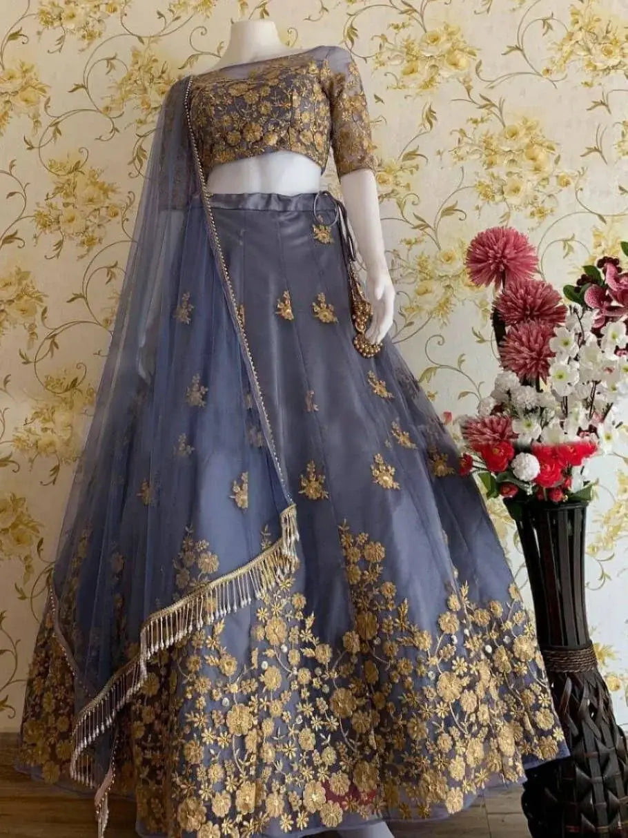Grey Thread Worked Heavy Net Festival Wear Lehenga Choli