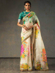 Sabyasachi Off White Floral Orangza Wedding Wear Saree With Blouse