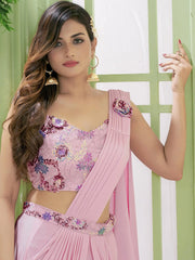Sweet Pastel Pink Lycra Sequins Ready To Wear Saree With Blouse