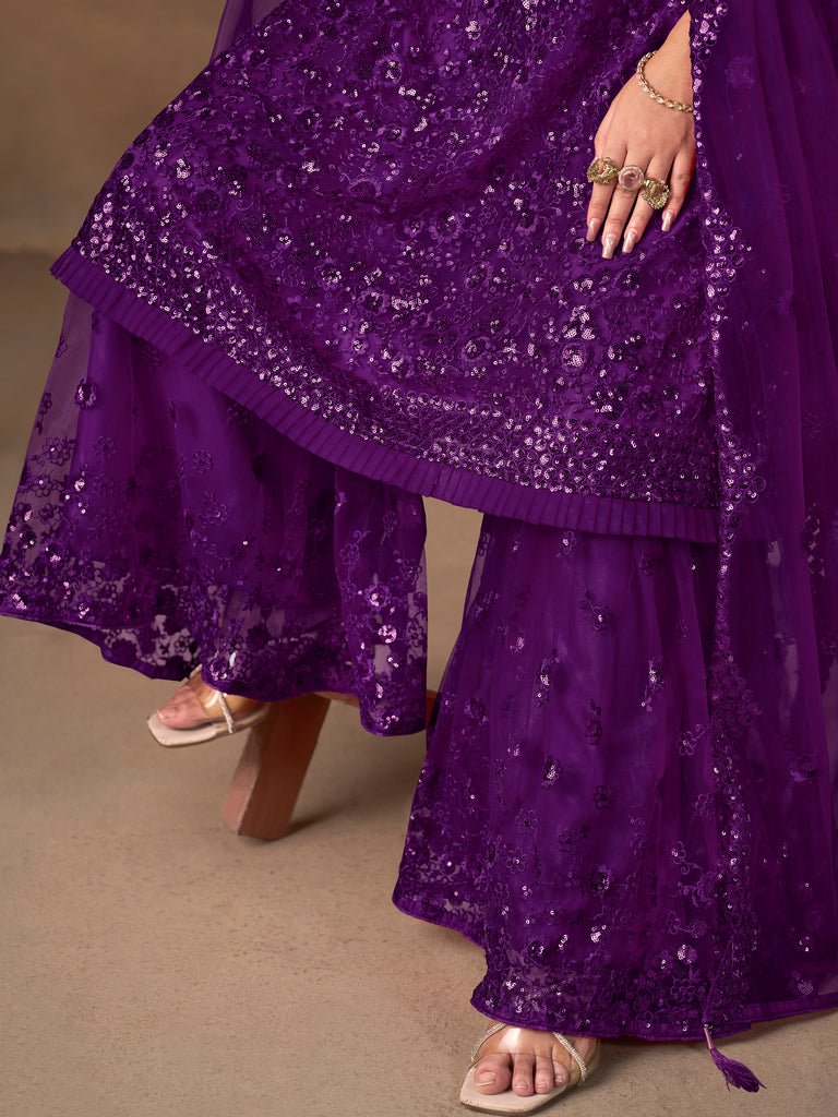 Precious Purple Embroidered Net Function Wear Sharara Suit