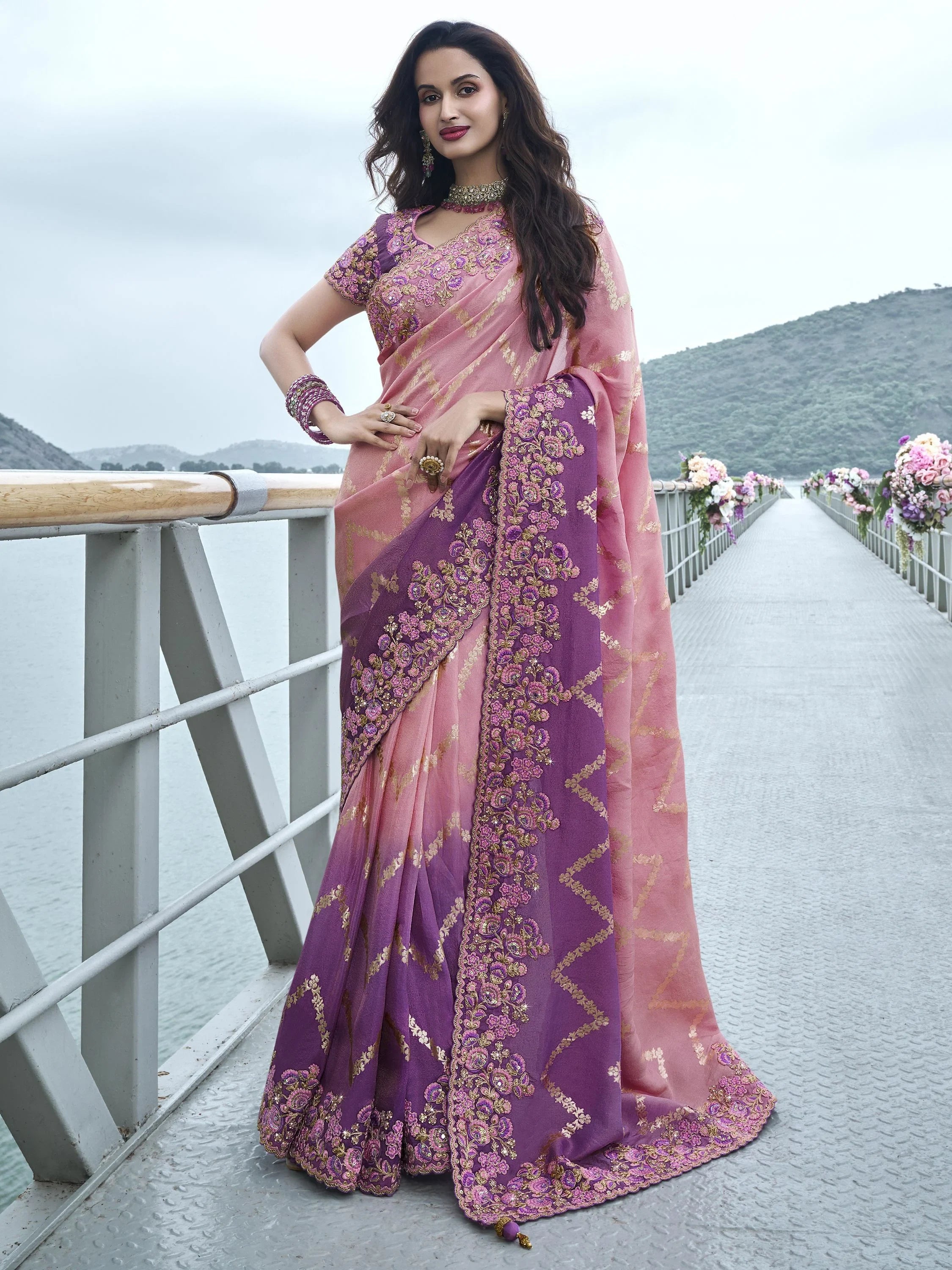 Appealing Dusty Pink Zari Work Organza Silk Function Wear Saree