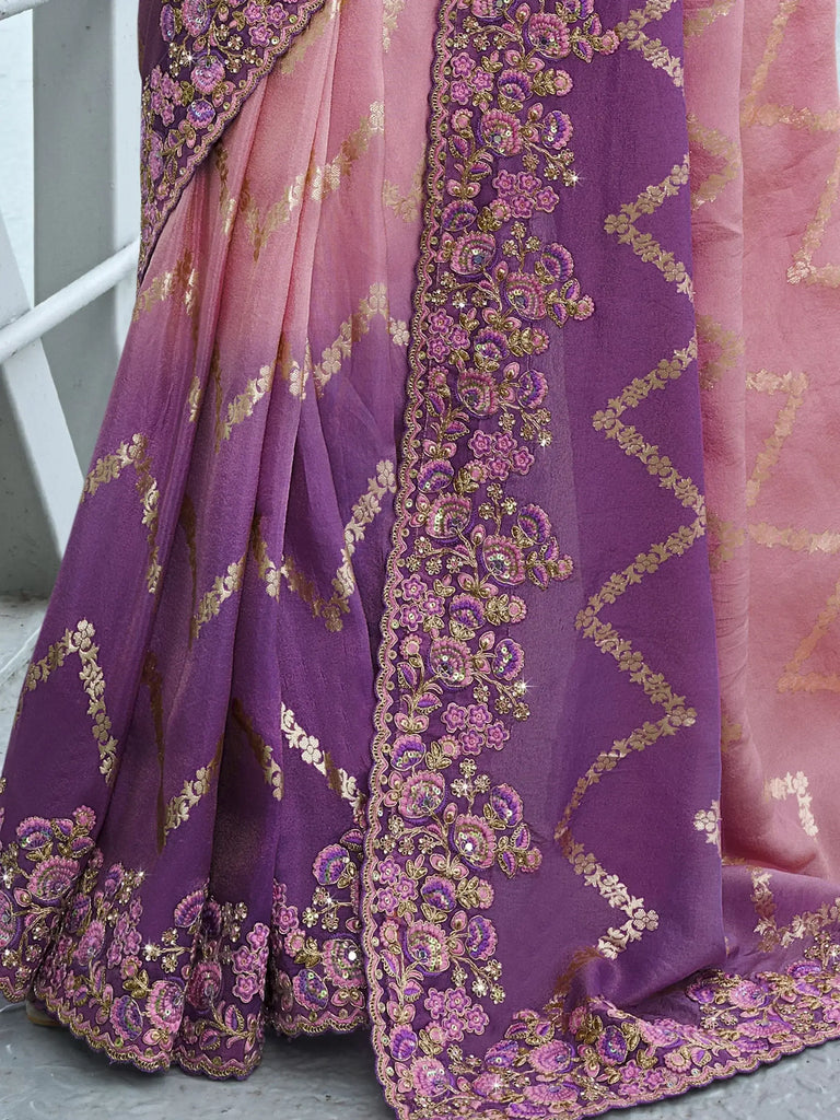 Appealing Dusty Pink Zari Work Organza Silk Function Wear Saree