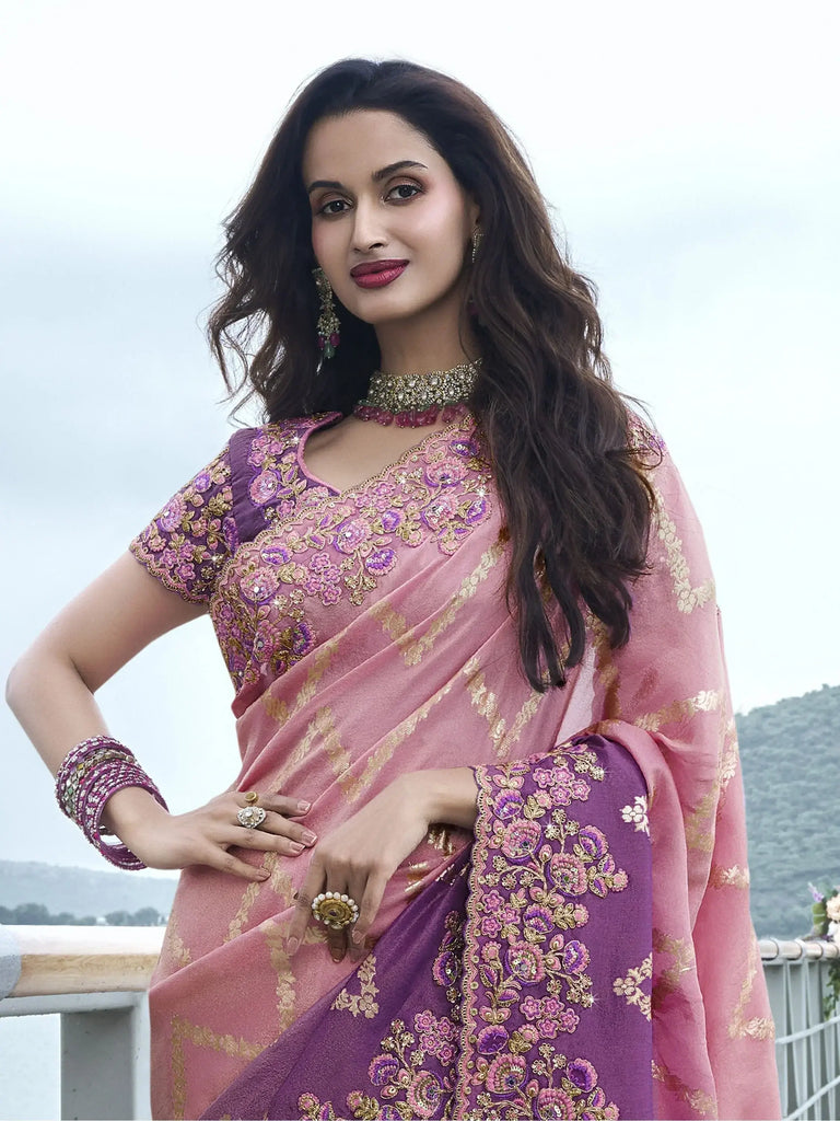 Appealing Dusty Pink Zari Work Organza Silk Function Wear Saree