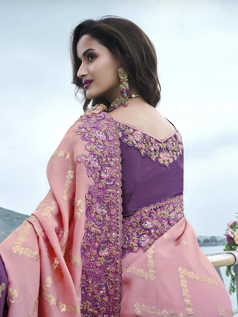 Appealing Dusty Pink Zari Work Organza Silk Function Wear Saree
