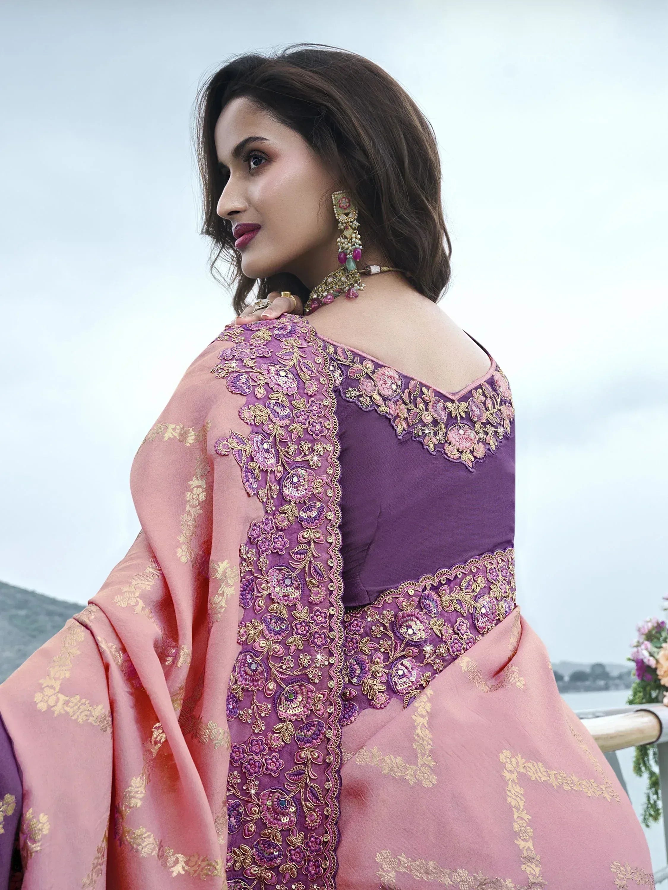 Appealing Dusty Pink Zari Work Organza Silk Function Wear Saree