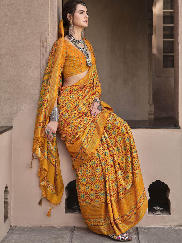 Bewitching Mustard Patola Printed Silk Haldi Wear Saree With Blouse