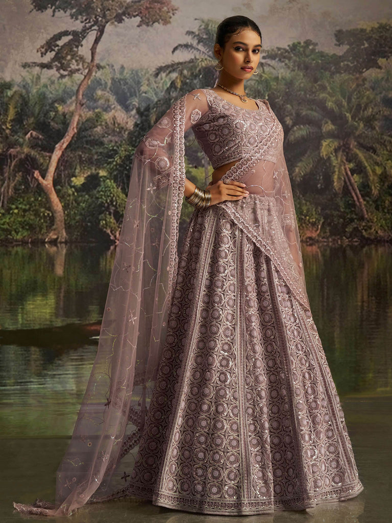 Adorning Mauve Net Pearl Work Function Wear Lehenga Choli With Dupatta