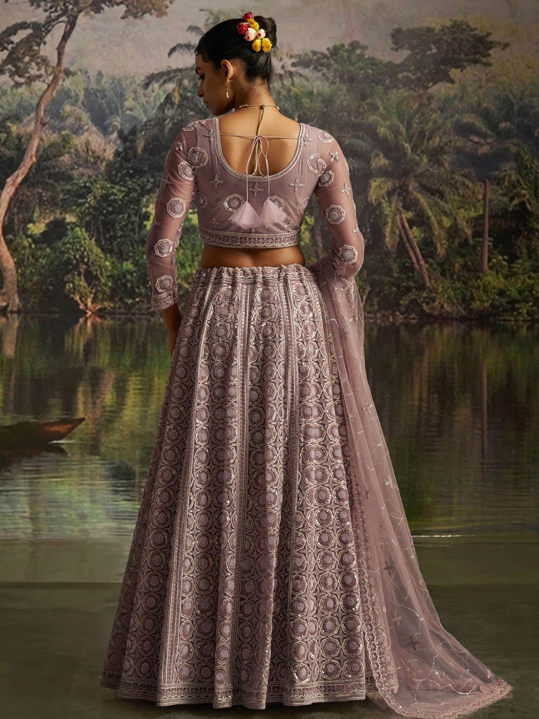Adorning Mauve Net Pearl Work Function Wear Lehenga Choli With Dupatta