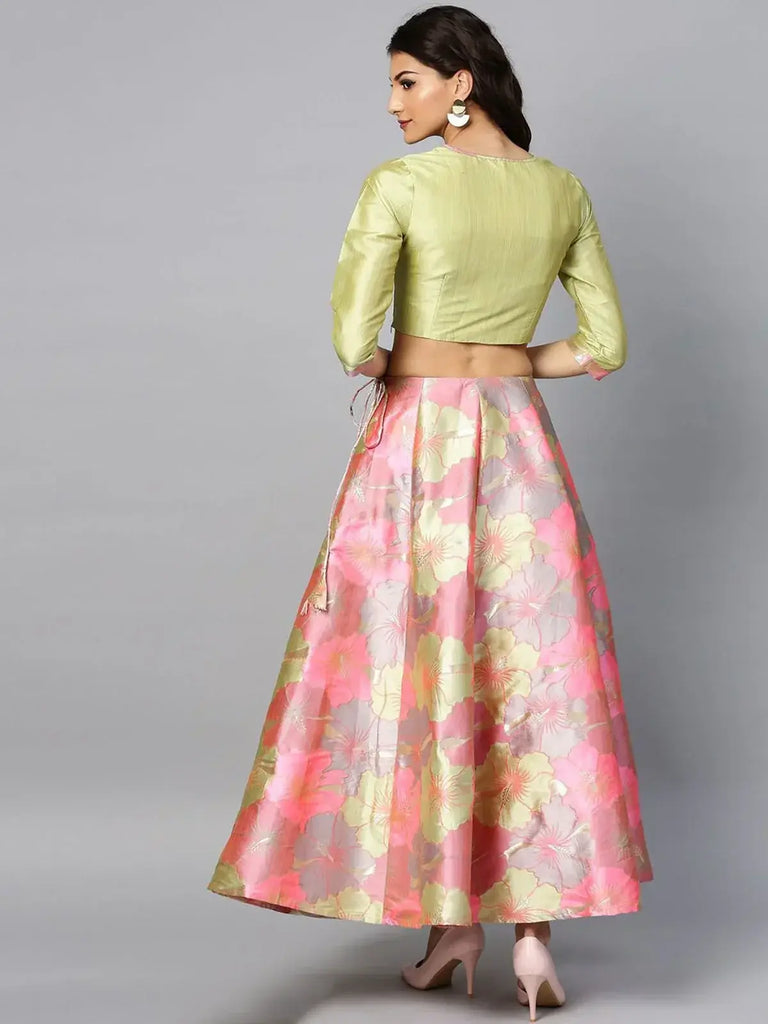 Olive Green Floral Jacquard Party Wear Lehenga Choli With Dupatta