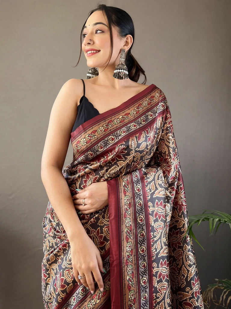Incredible Black Digital Printed Silk Event Wear Saree With Blouse