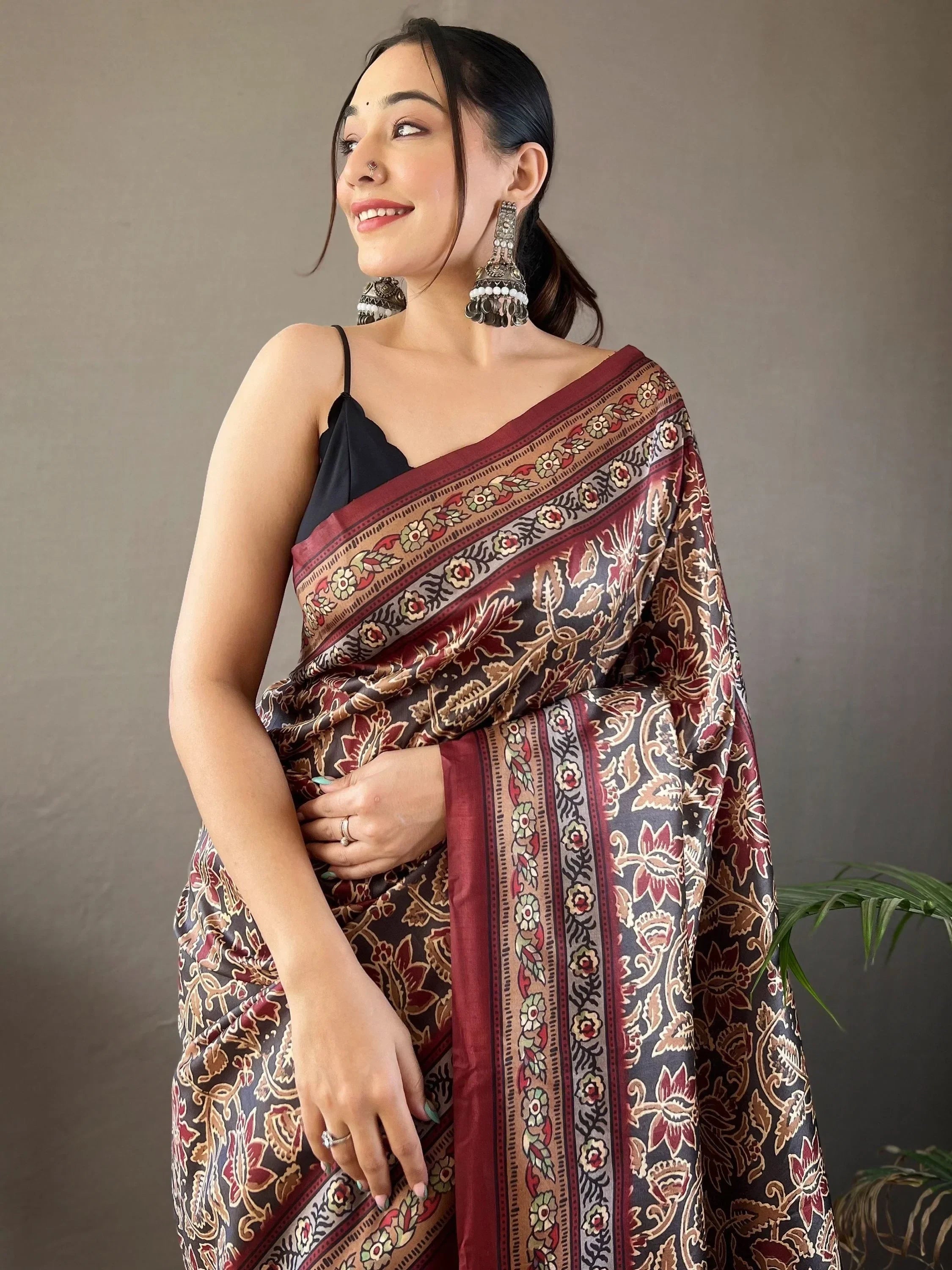 Incredible Black Digital Printed Silk Event Wear Saree With Blouse