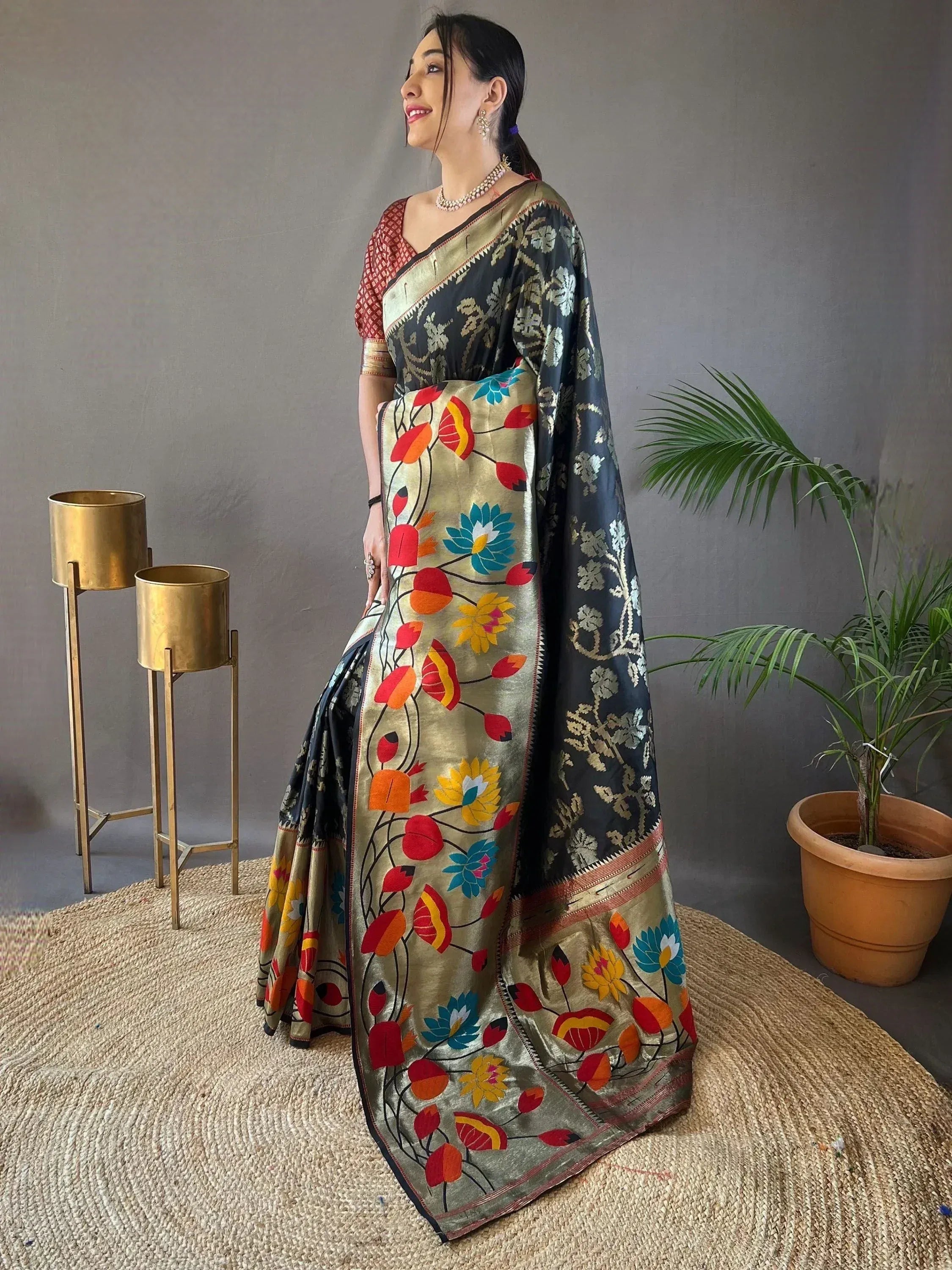Elegant floral embroidered saree with vibrant colors and traditional Indian design