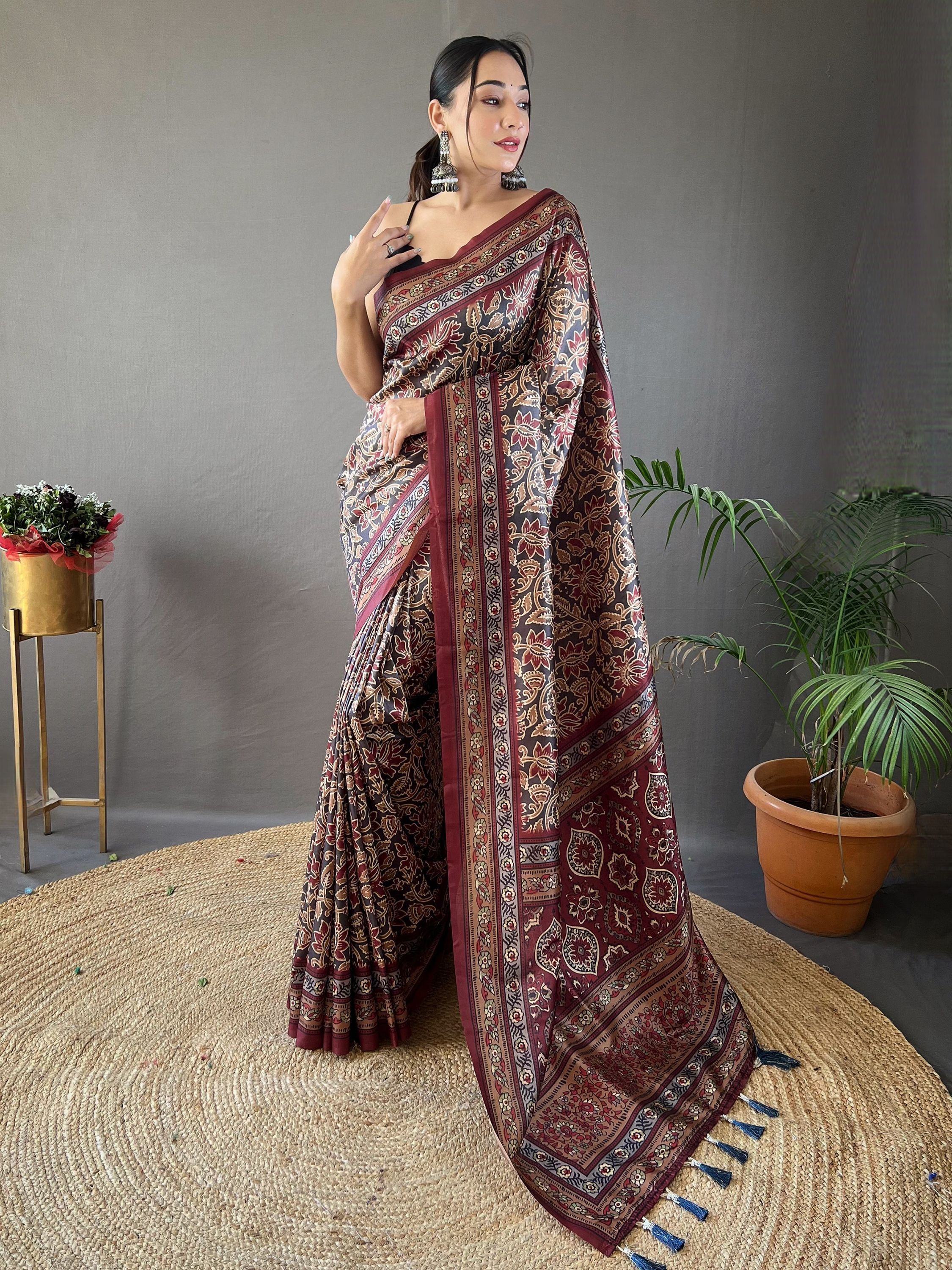 Incredible Black Digital Printed Silk Event Wear Saree With Blouse
