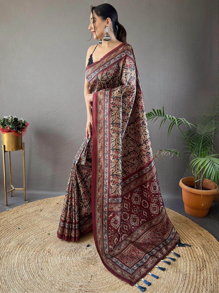 Incredible Black Digital Printed Silk Event Wear Saree With Blouse