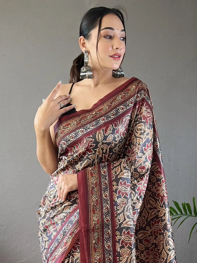 Incredible Black Digital Printed Silk Event Wear Saree With Blouse
