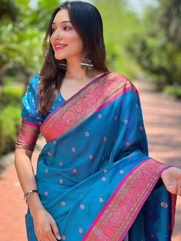 Pretty Blue Weaving Paithani Silk Festival Wear Saree With Blouse