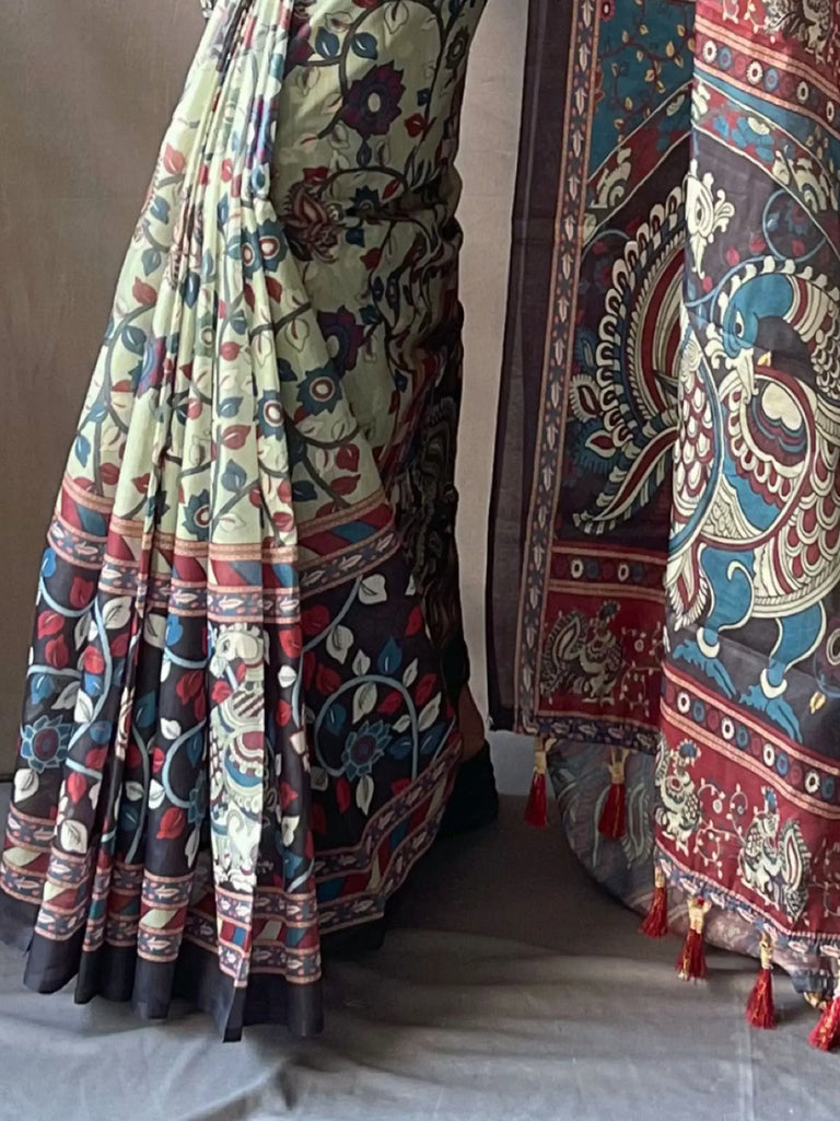 Astonishing Green Printed Cotton Traditional Saree With Blouse