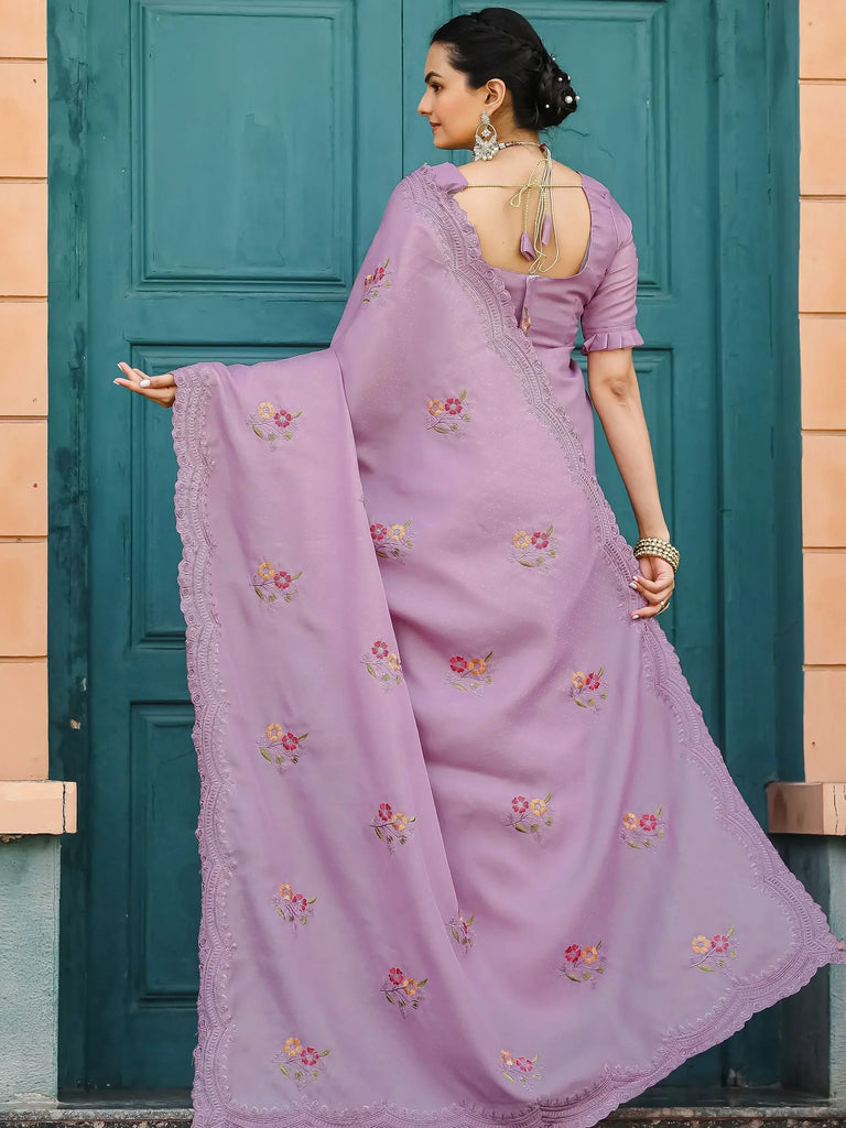 Attractive Lavender Embroidered Cotton Festival Wear Saree With Blouse