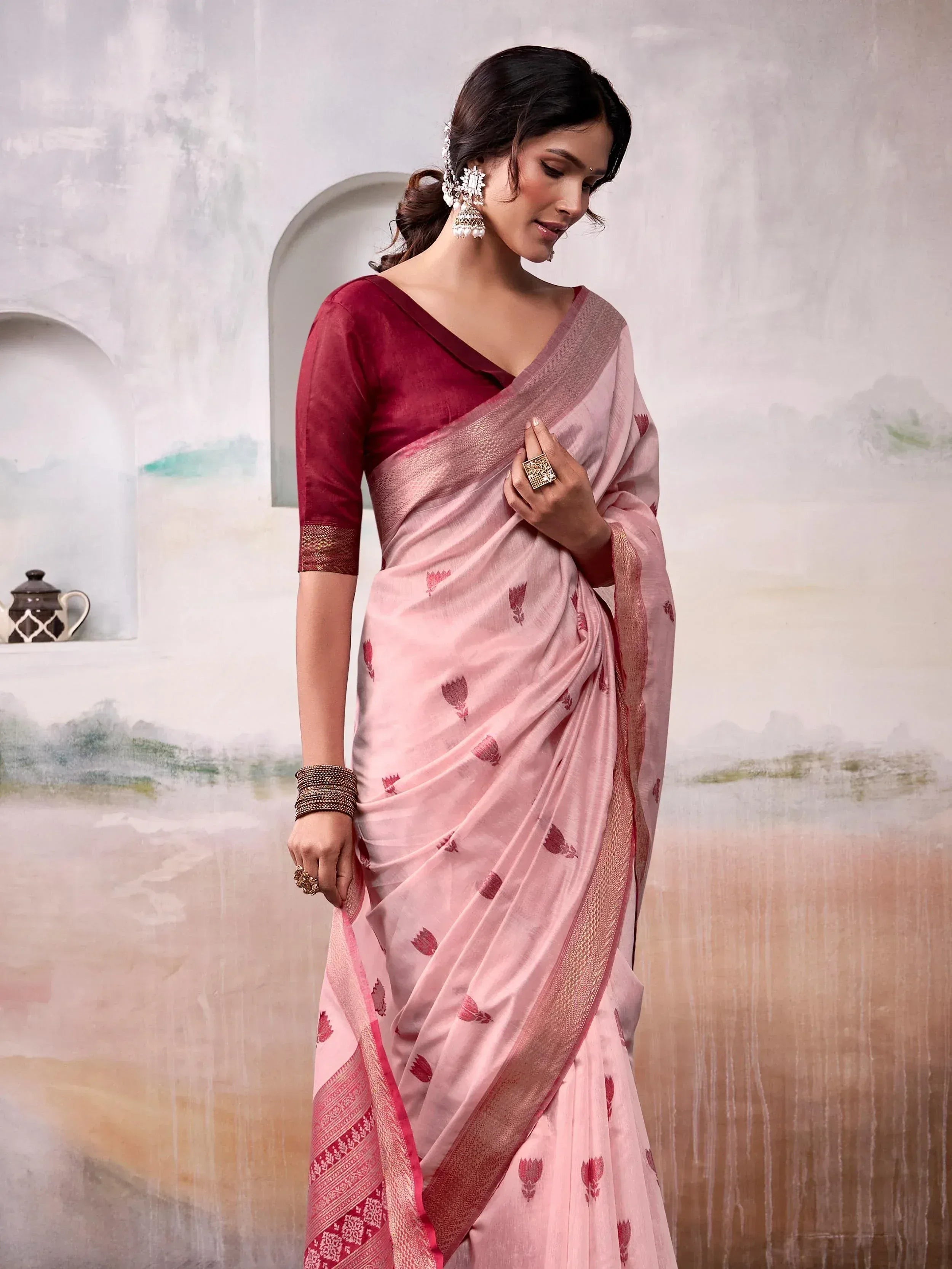 Pink floral saree with maroon blouse, ethnic Indian wear for women