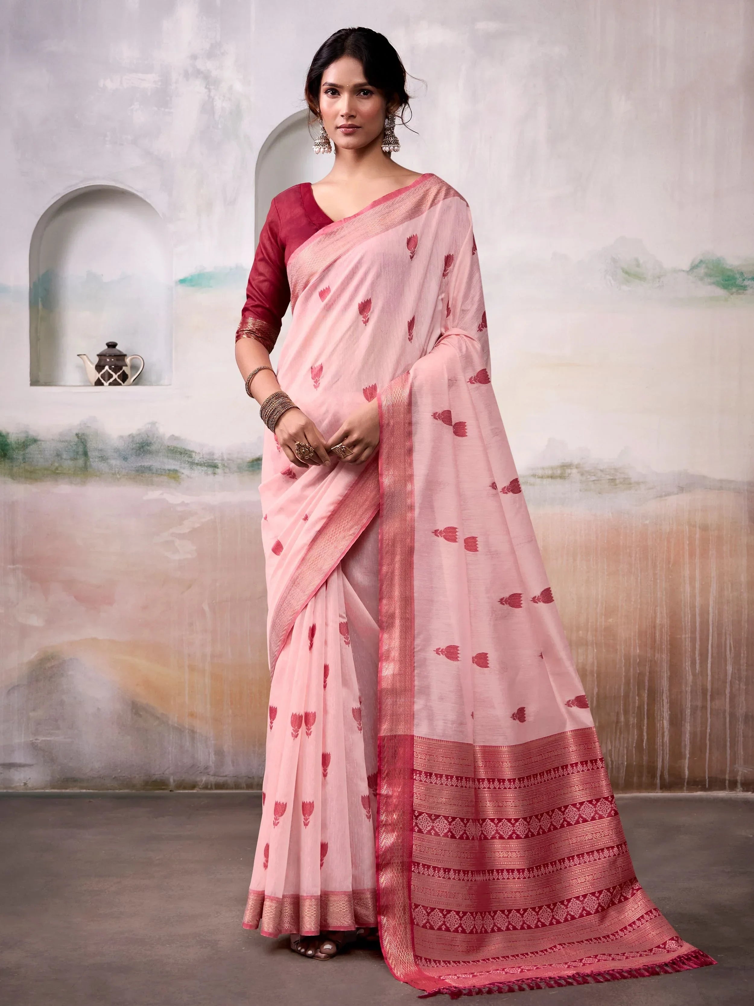 Stunning Peach Cotton Floral Weaving Traditional Saree With Blouse